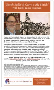 Rabbi Sussman Teddy Roosevelt and the Jews TBS Adult Education Program Flyer with Bio FINAL
