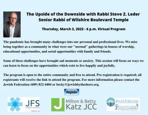 The Upside of the Downside with Rabbi Steve Z. Leder @ Online - Registration Link Emailed to Registrants