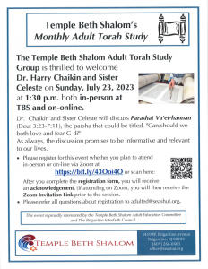 Temple Beth Shalom's Monthly Adult Torah Study @ Temple Beth Shalom, Brigantine NJ