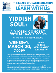 BJE: Yiddish Soul Concert with Violinist Dr. David Podles @ Katz JCC Auditorium