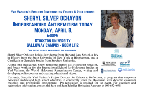 BJE: Understanding Antisemitism Today with Yad Vashem's Project Director for Echoes & Reflections: Sheryl Silver Ochayon @ Stockton University