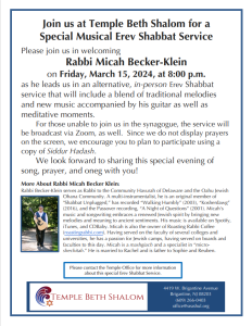 Special Erev Shabbat Service with Rabbi Micah Becker-Klein @ Temple Beth Shalom, Brigantine