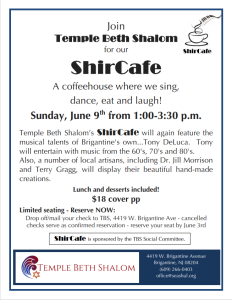 Temple Beth Shalom: Shir Cafe @ Temple Beth Shalom