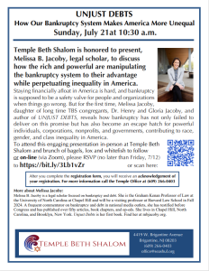 TEMPLE BETH SHALOM: Unjust Debts How Our Bankruptcy System Makes America More Unequal @ TEMPLE BETH SHALOM JEWISH COMMUNITY CENTER OF BRIGANTINE